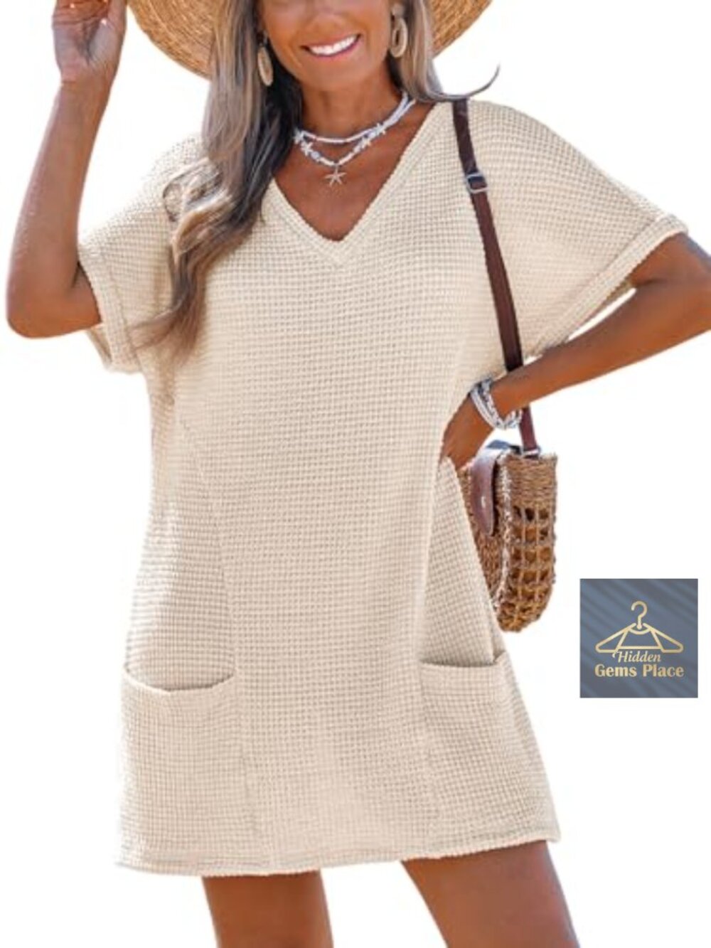 Waffle Knit Cover Up Dress with Pockets V Neck Short Sleeve